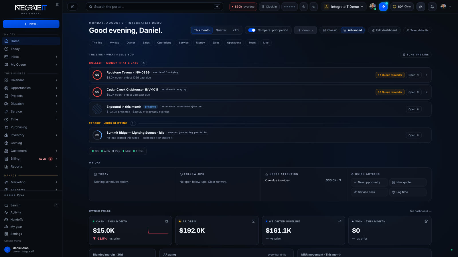Optimus AI command home — the line, the owner pulse, live money tiles, captured from a production workspace