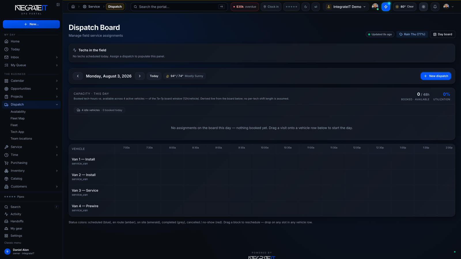 Optimus AI dispatch board — crews and vans routed across the day