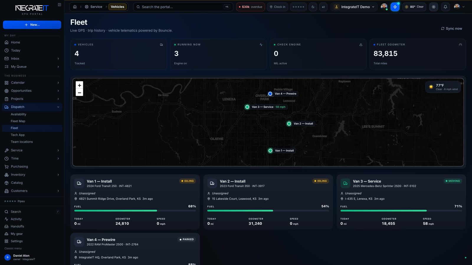 Fleet page with tracked vehicles