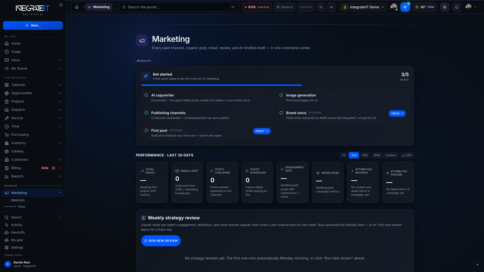 Marketing command center with agent modules and a performance strip