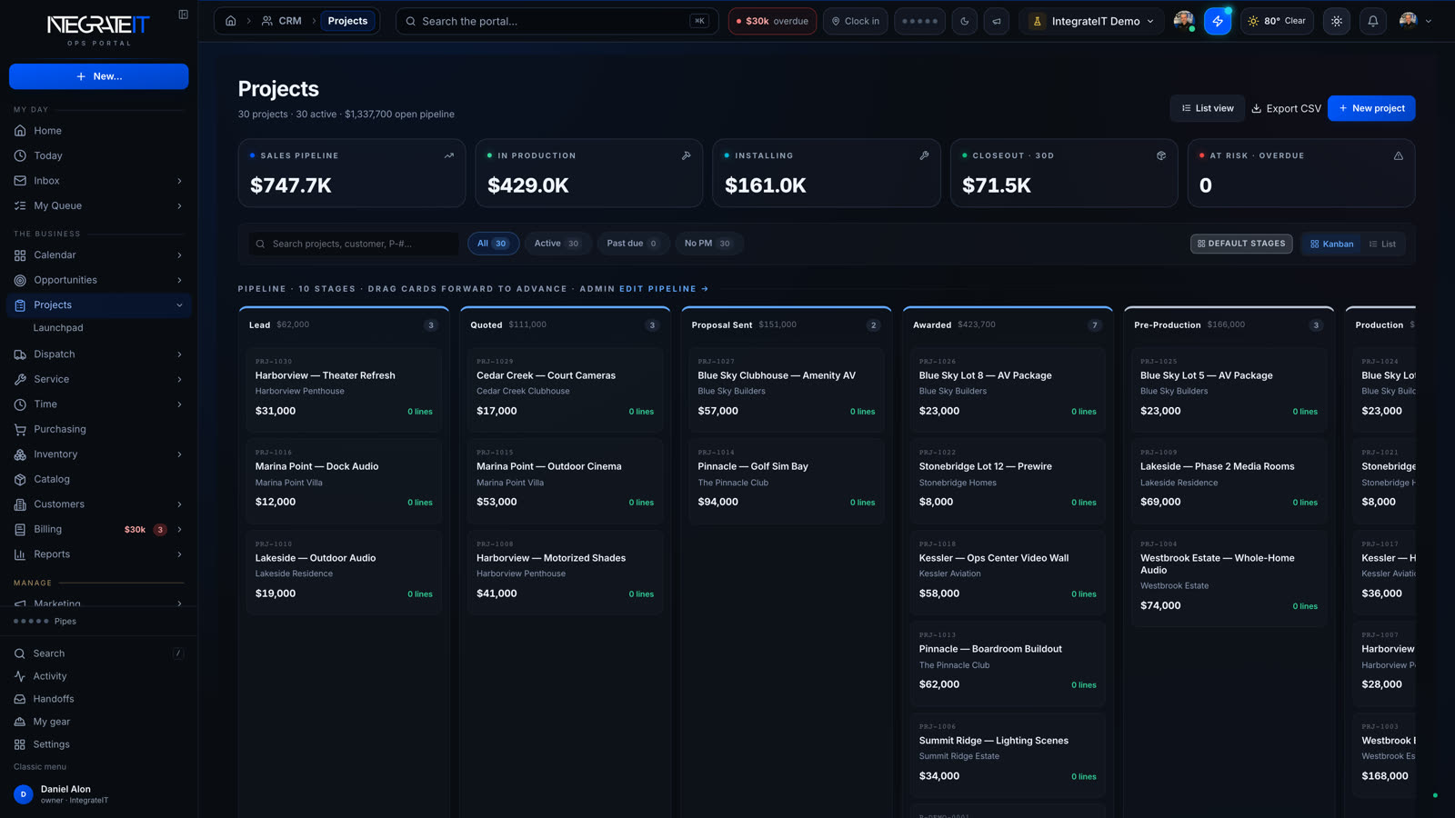 Optimus AI projects board — thirty live projects across ten pipeline stages